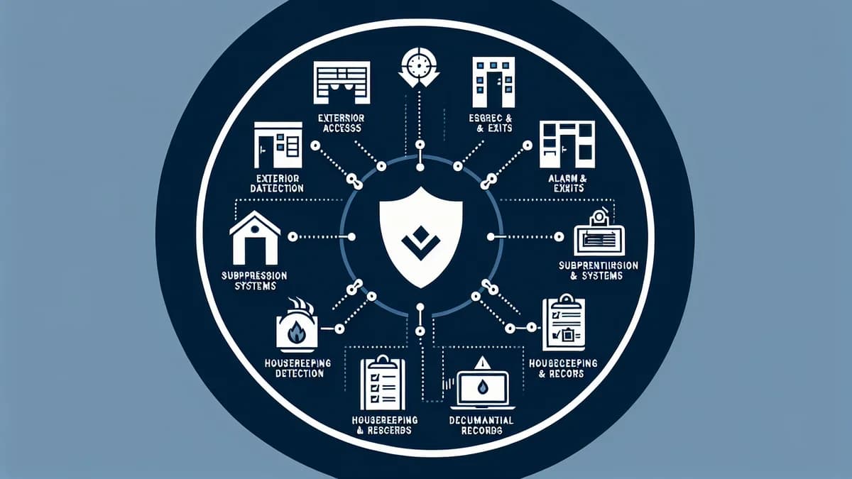 Diagram of the 7 categories in the fire inspection checklist: exterior, egress, suppression, alarms, electrical, housekeeping, documentation