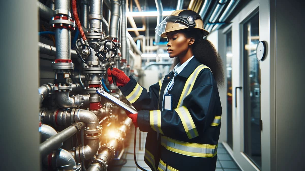 Licensed fire inspector testing a sprinkler riser in a commercial mechanical room