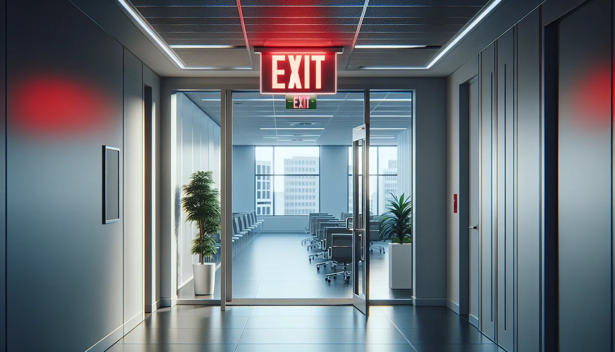 Illuminated exit sign and emergency lighting in a commercial building corridor