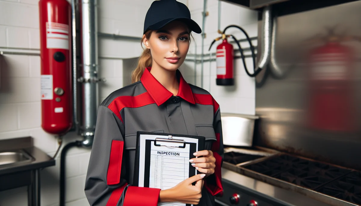 Fire inspector reviewing a compliance checklist on a clipboard inside a commercial property