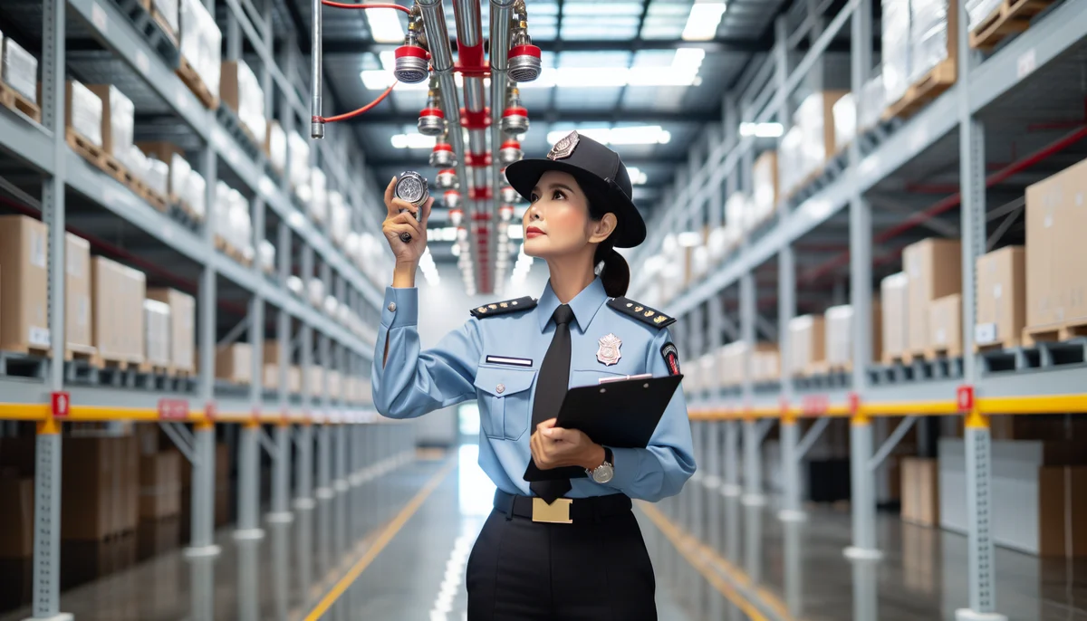 Fire marshal inspecting a commercial fire sprinkler system in a warehouse